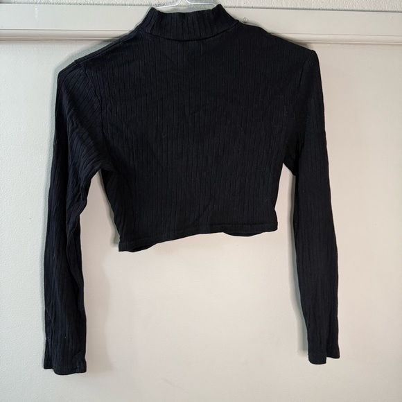 SHEIN Black Long Sleeve Tie Front Cropped Turtleneck Ribbed - Picture 2 of 8